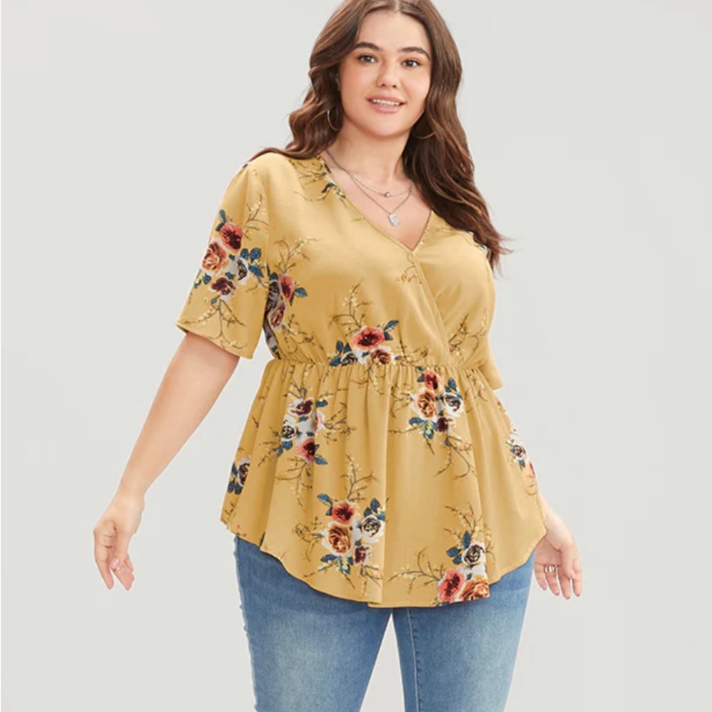 Floral Print Wrap Ruffles Asymmetrical Hem Blouse